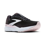 Brooks Ghost 16 women's running shoe in black with white logo and pink sole