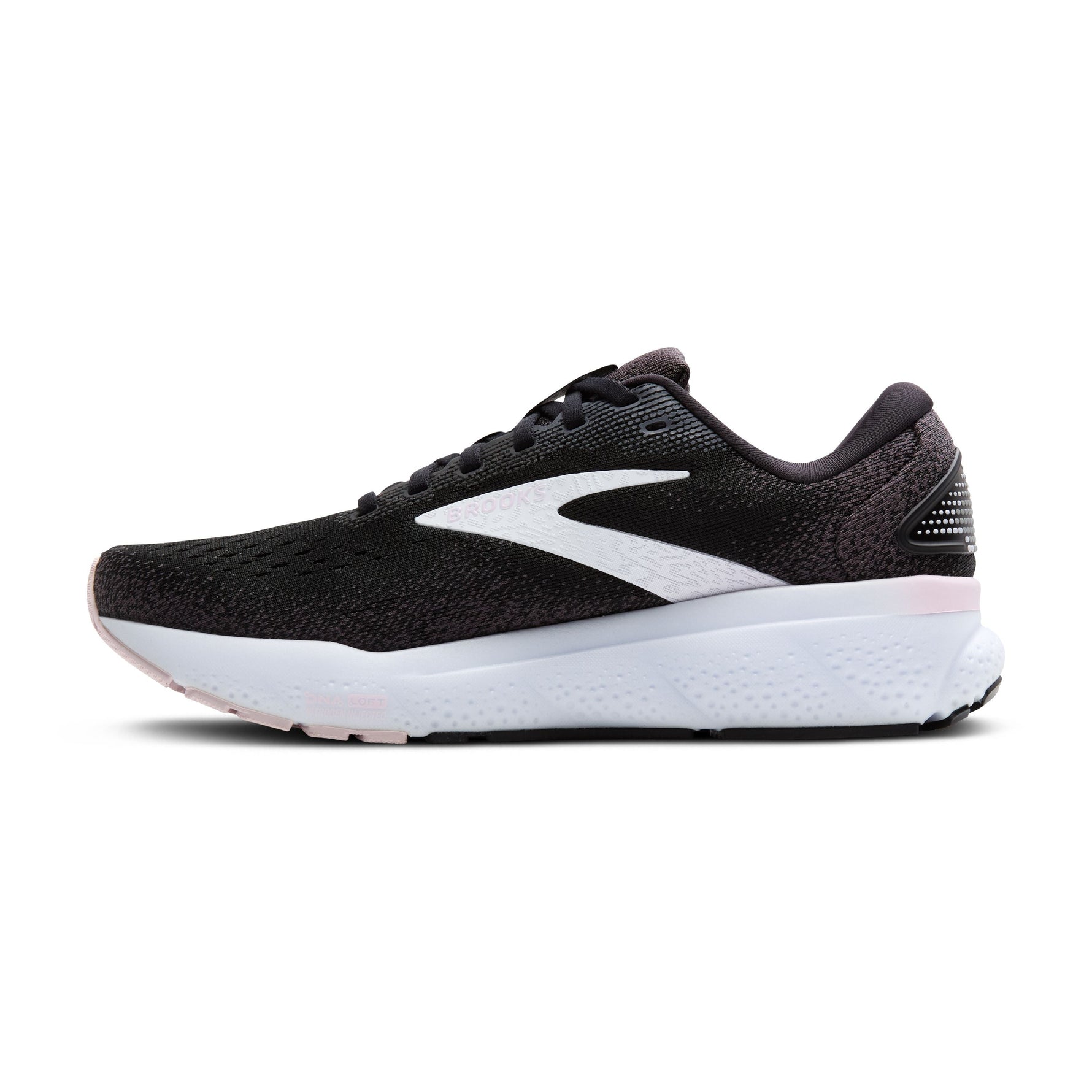 Brooks Ghost 16 women's running shoe in black with white swoosh and pink accents