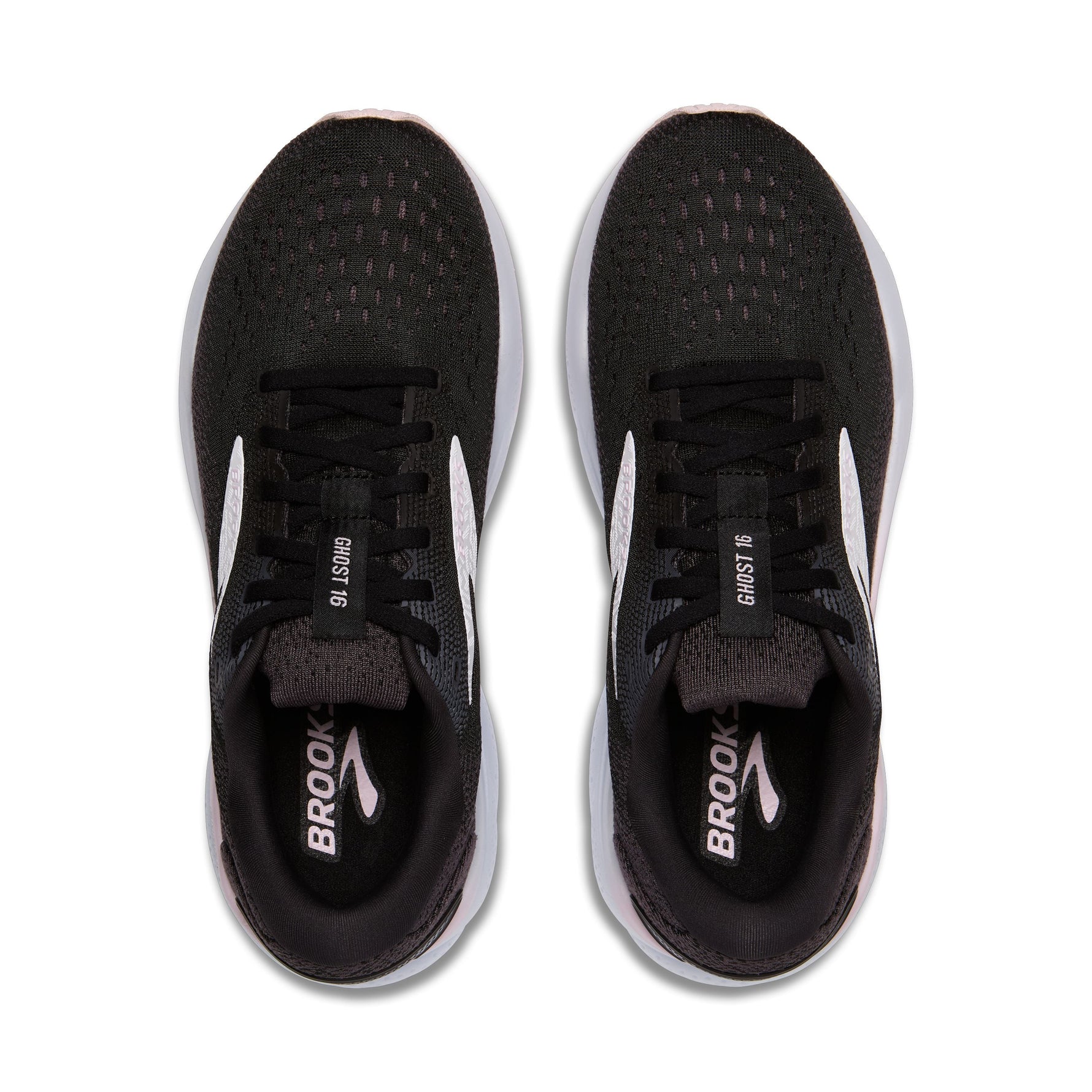 Brooks Ghost 16 women's running shoes in black with white sole and pink accents