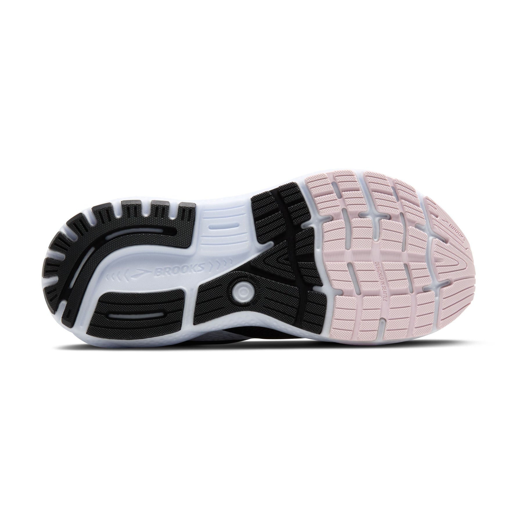 Brooks Ghost 16 running shoe sole view showing black heel, white midsole, pink forefoot