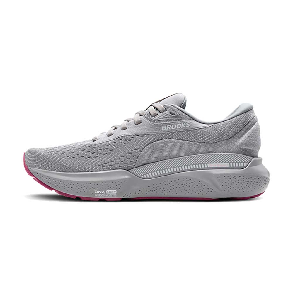 Brooks Adrenaline GTS 24 women's running shoe in alloy grey and white colorway