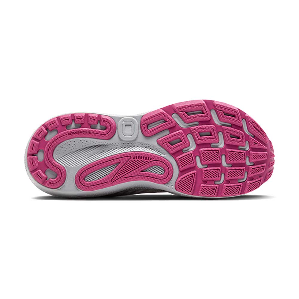 Brooks Adrenaline GTS 24 women's running shoe in Alloy/White/Zephyr colorway with pink sole