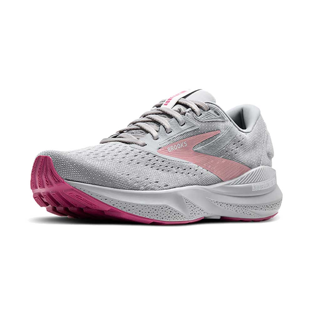 Brooks Adrenaline GTS 24 women's running shoe in alloy grey white and zephyr pink colorway