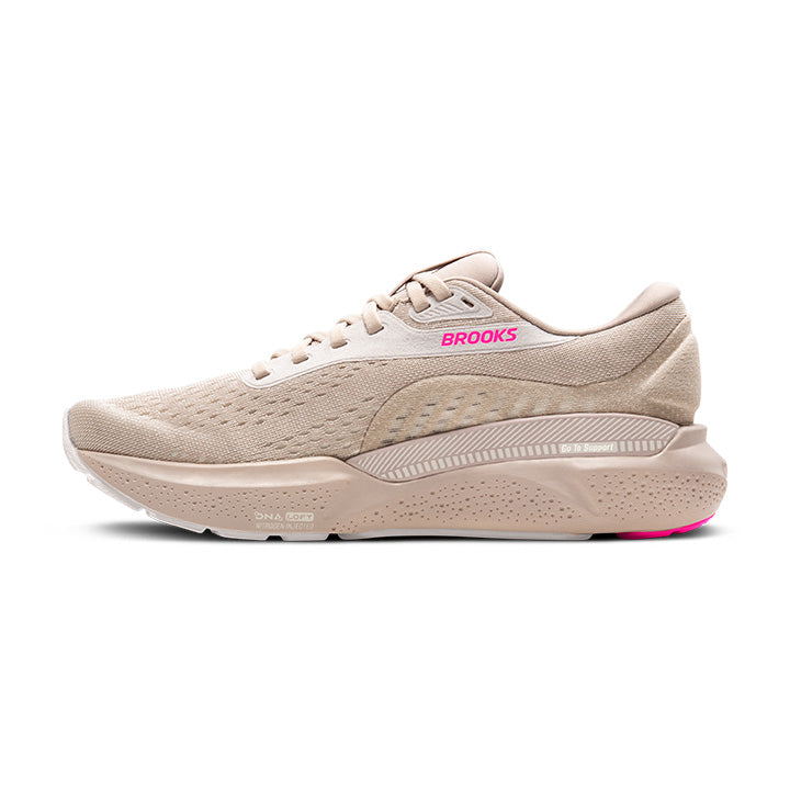 Brooks Adrenaline GTS 24 women's running shoe in beige with pink accents