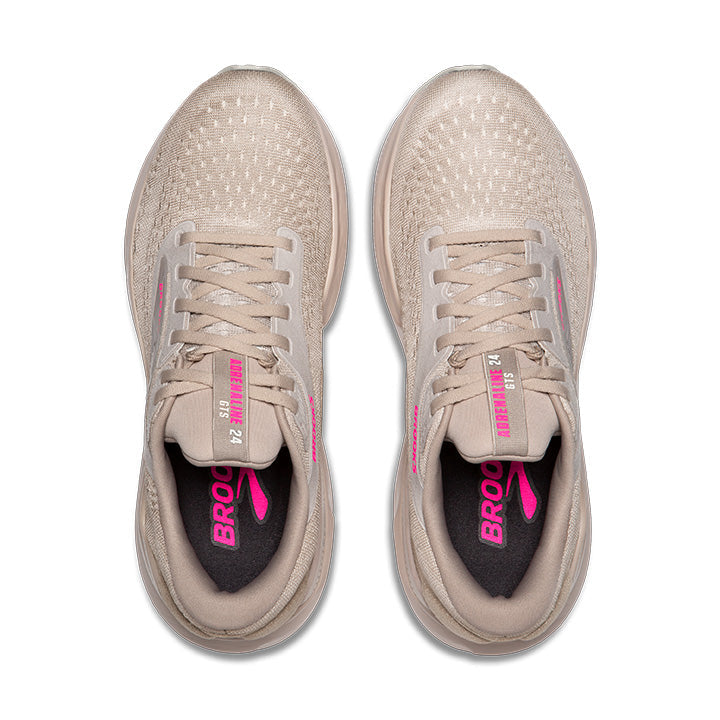 Brooks Adrenaline GTS 24 women's running shoes in beige with pink branding