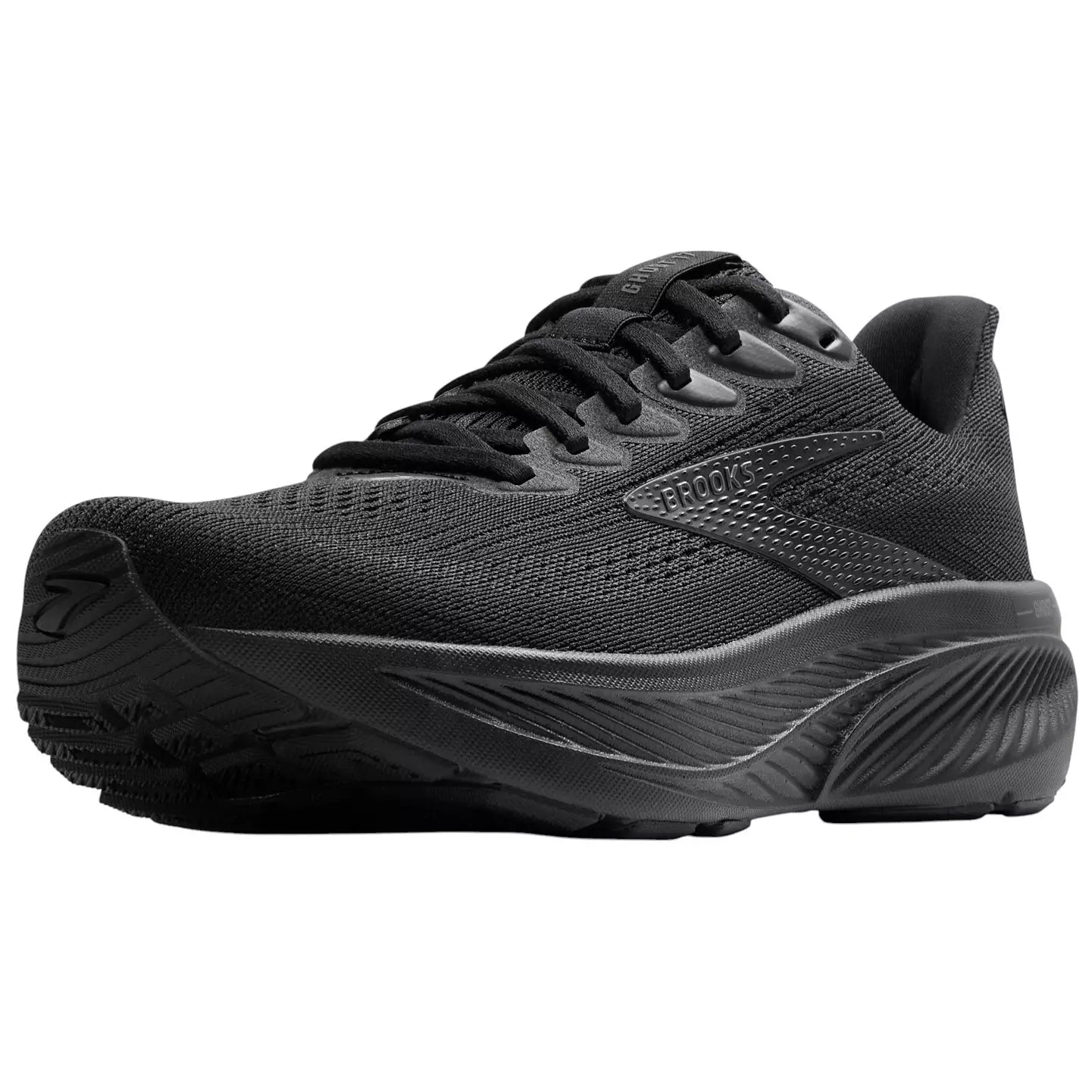 Brooks Ghost 17 women's running shoe in all-black colorway on white background