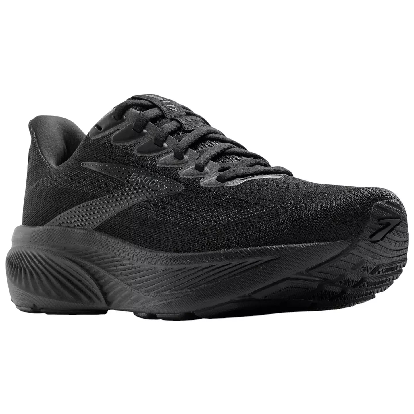 Brooks Ghost 17 women's running shoe in all-black colorway on white background