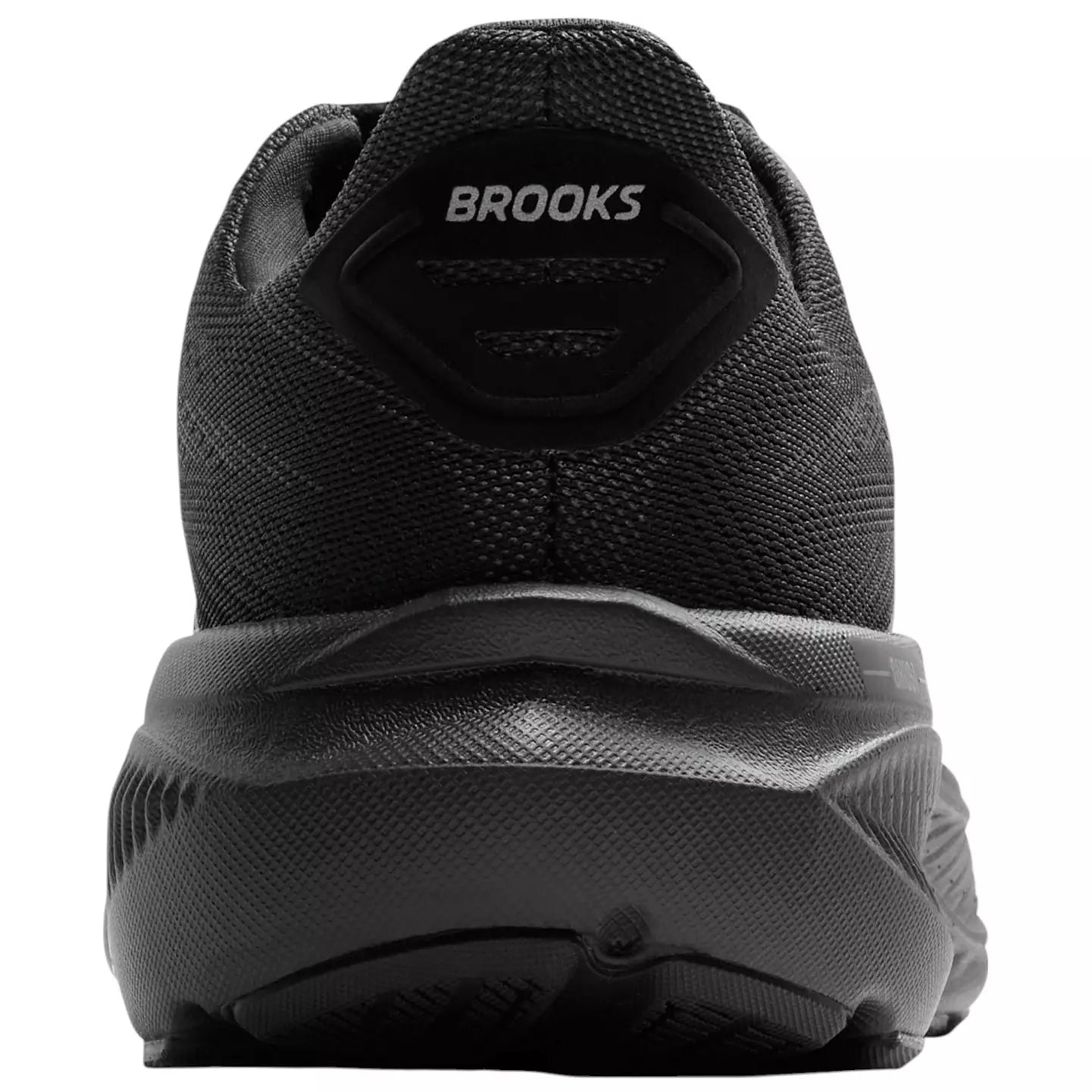 Brooks Ghost 17 women's running shoe rear view in all-black colorway on white background