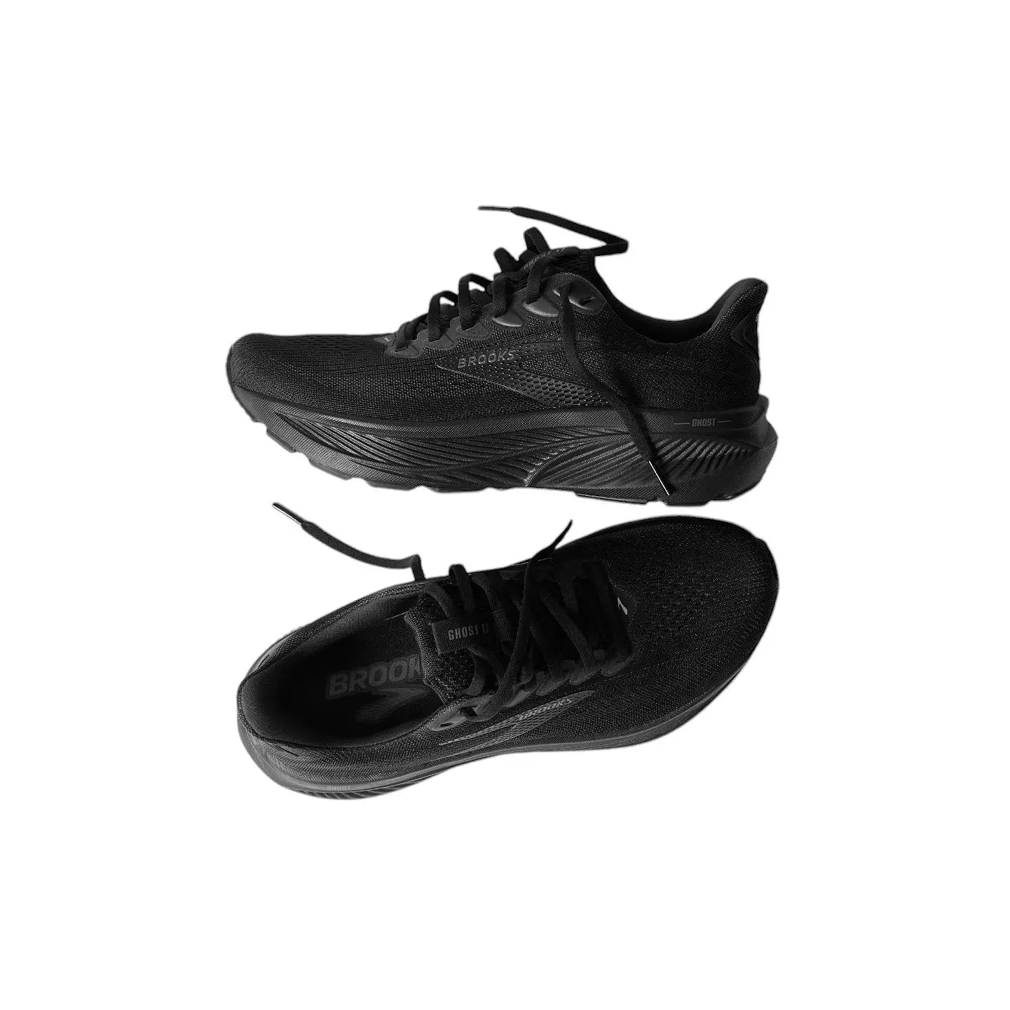 Brooks Ghost 17 women's running shoes in all-black colorway, side and top views