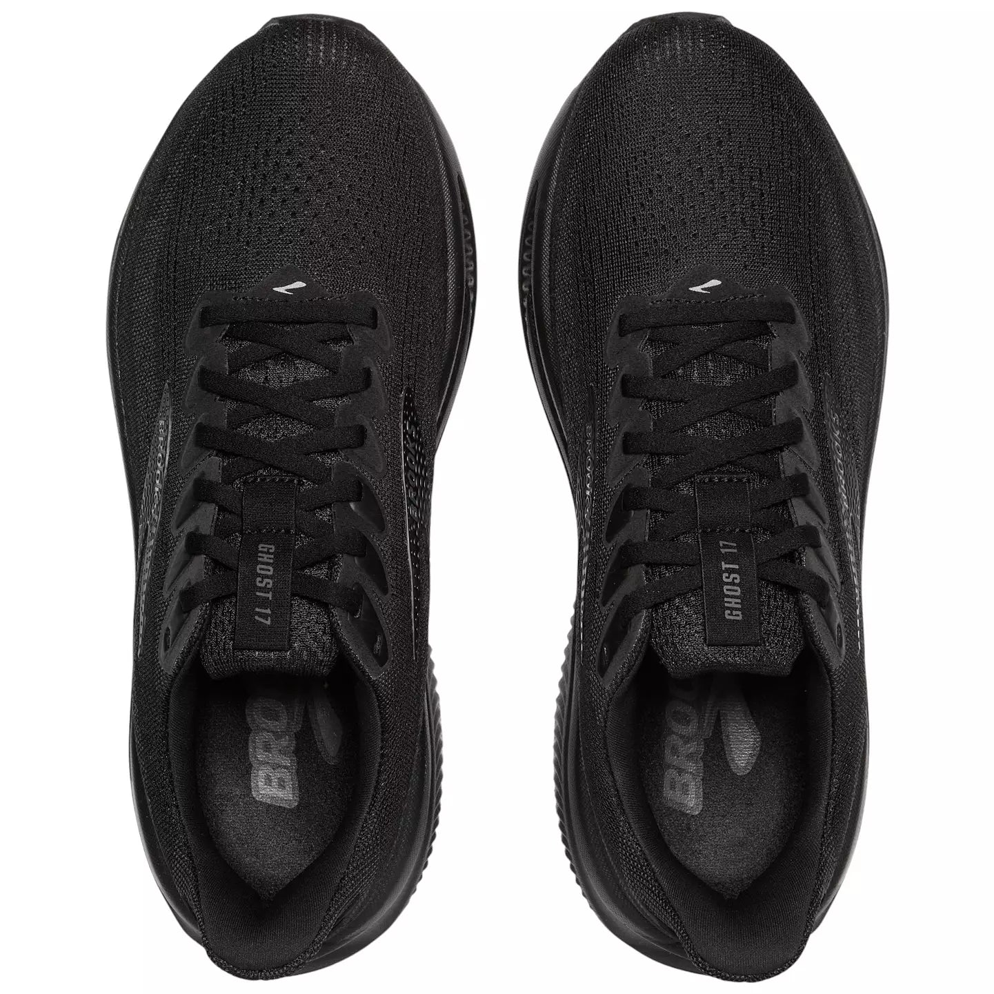 Brooks Ghost 17 women's running shoes in triple black, top-down view showing both shoes