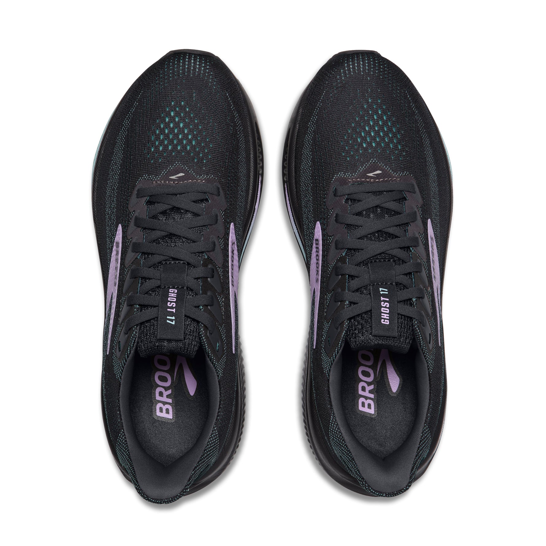 Brooks Ghost 17 Women's running shoes in black with teal and purple accents, top view