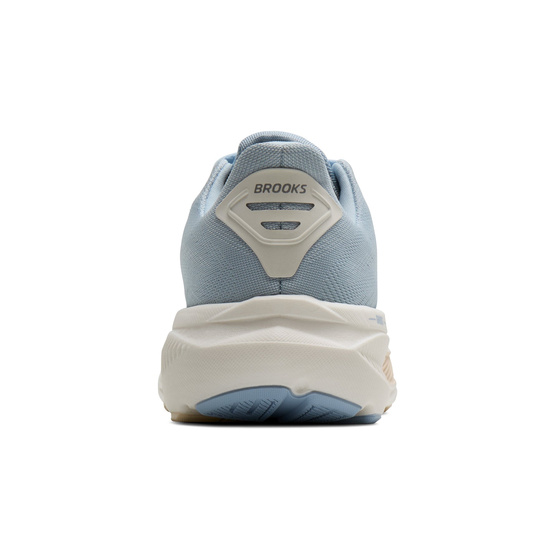 Brooks Ghost 17 Women's running shoe in Skyway blue, rear heel view showing Brooks logo