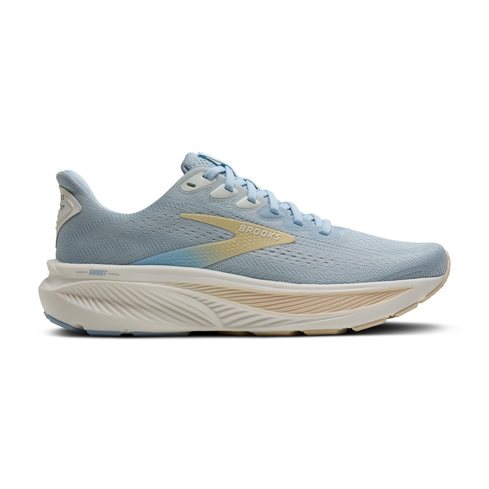 Brooks Ghost 17 women's running shoe in Skyway blue with gold logo and cream sole