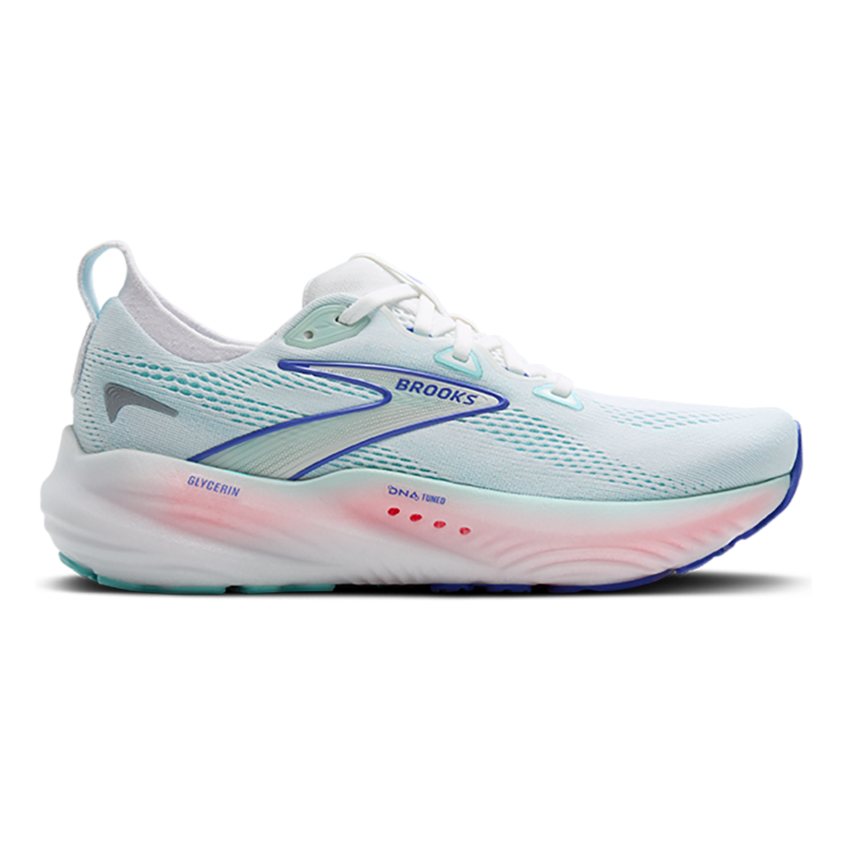 Brooks Glycerin 22 women's running shoe in white with light blue mesh and pink gradient midsole