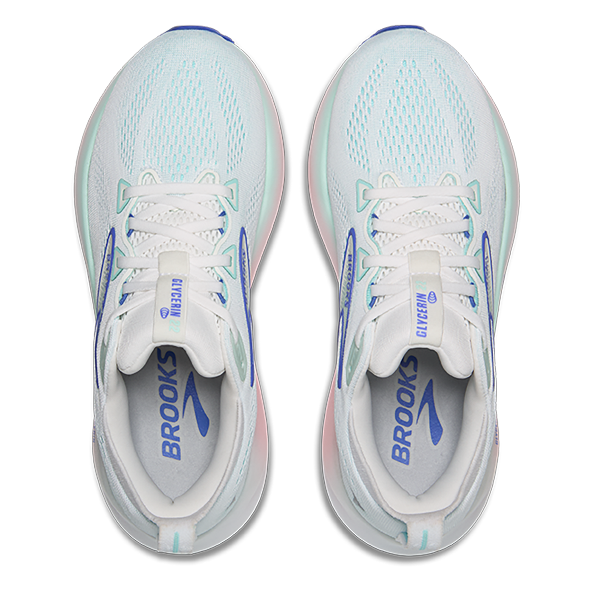 Brooks Glycerin 22 women's running shoes in white with limpet shell and amparo blue accents