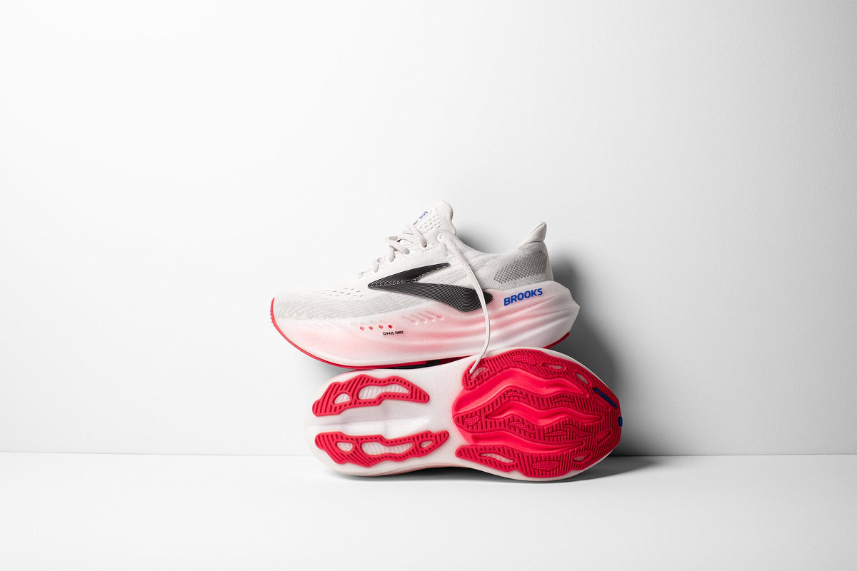 Brooks Glycerin Max running shoes in white with black and pink accents