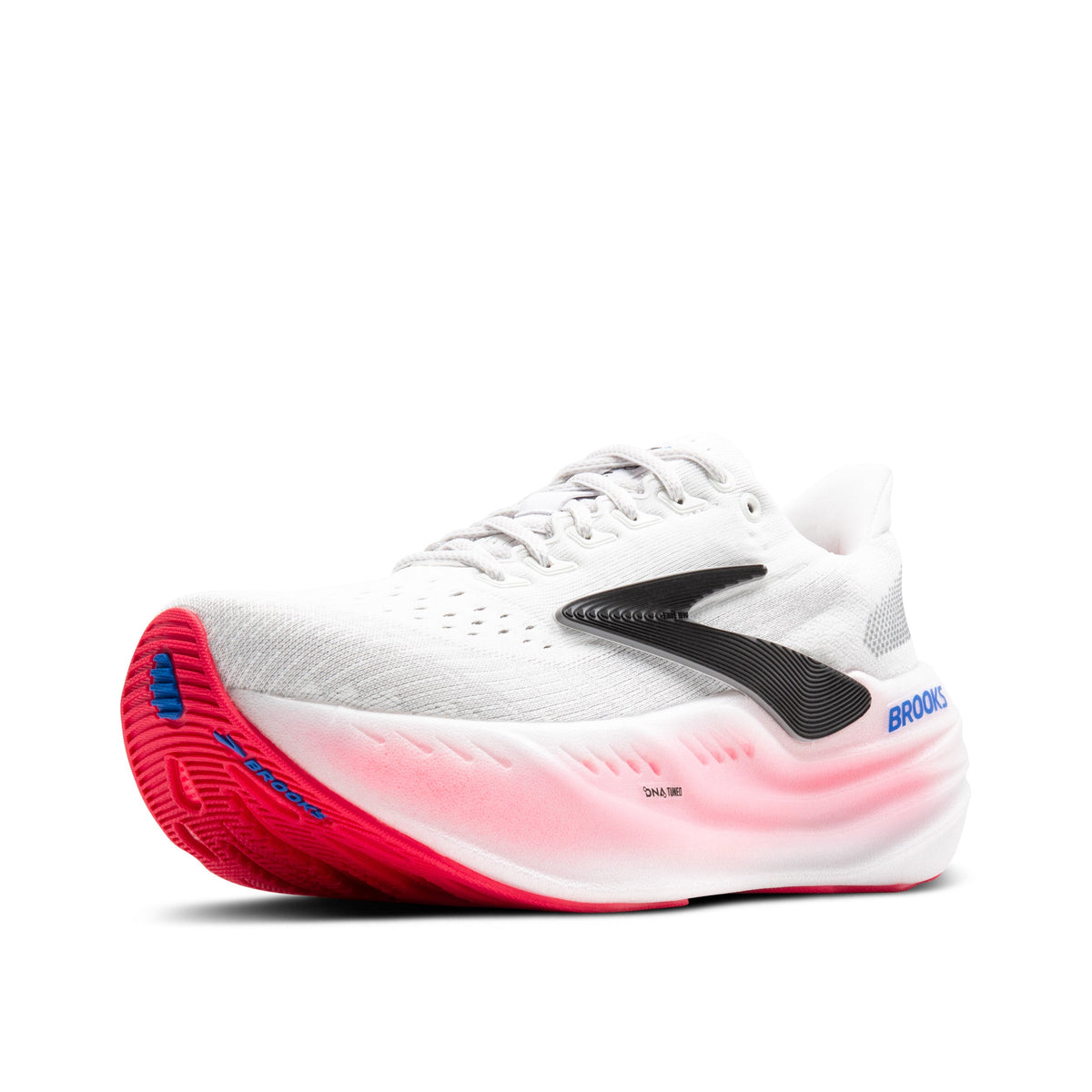 Brooks Glycerin Max women's running shoe in white with black swoosh and pink sole