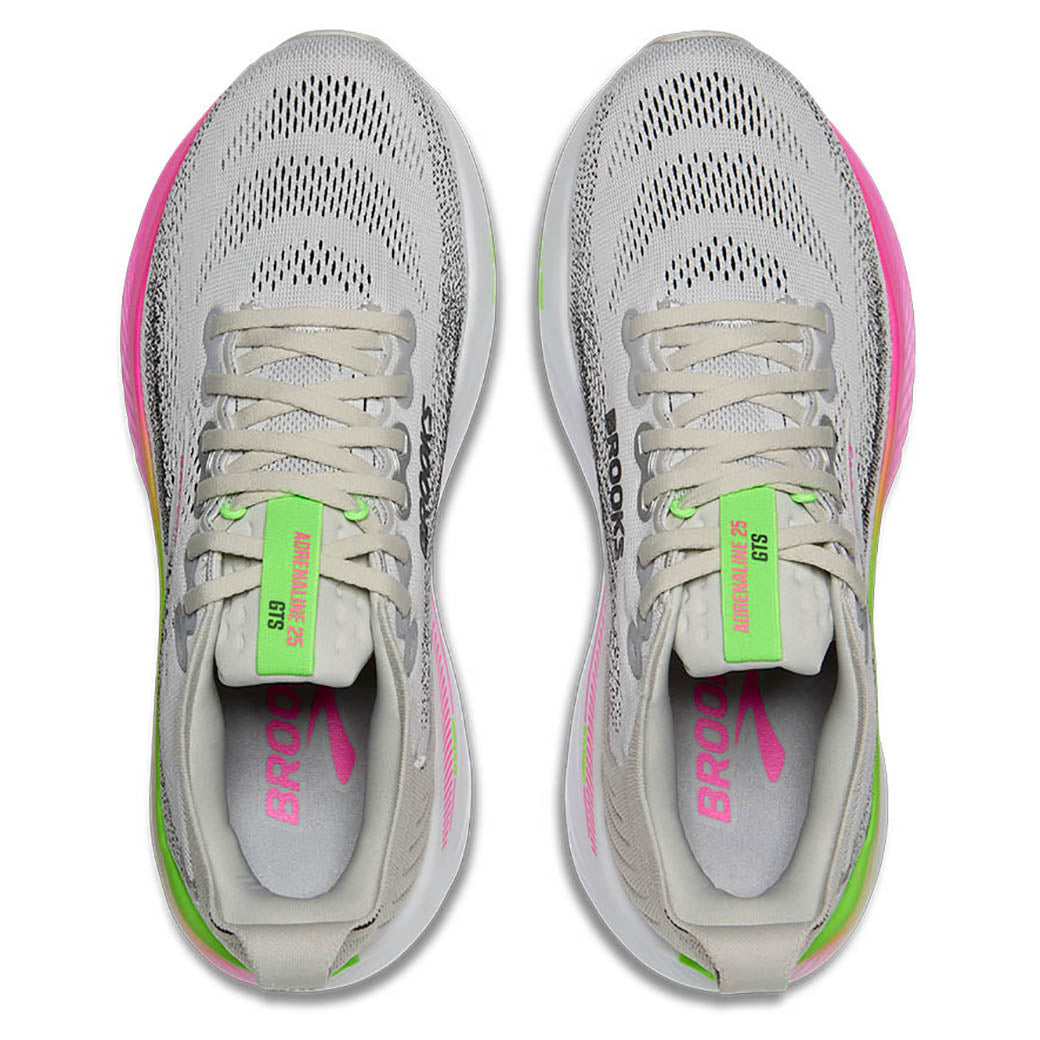 Brooks Adrenaline GTS 25 women's running shoes in oyster gray with pink and green accents