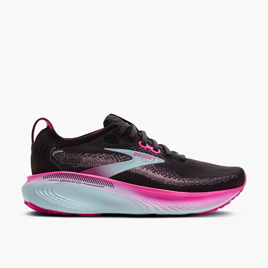 Brooks Adrenaline GTS 25 women's running shoe in black with cyber pink and iced aqua accents