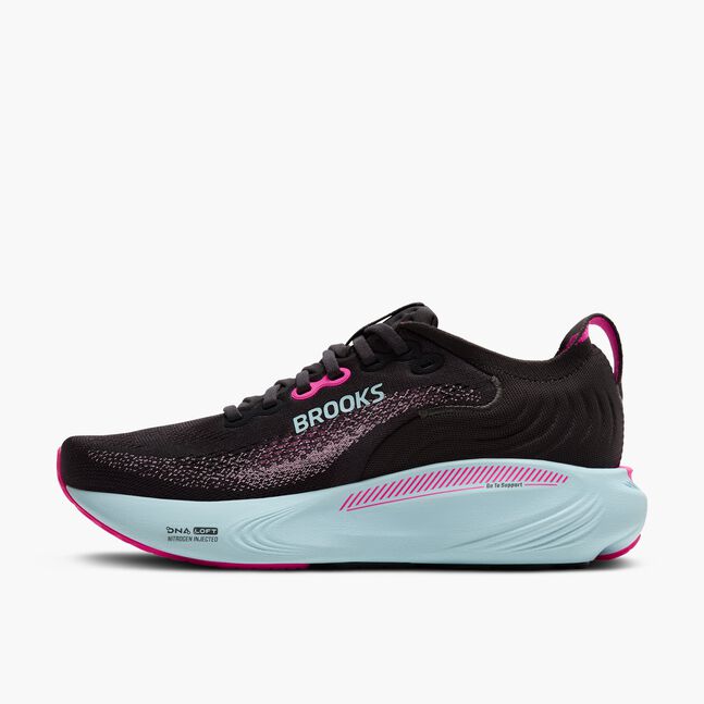 Brooks Adrenaline GTS 25 women's running shoe in black with cyber pink and iced aqua accents