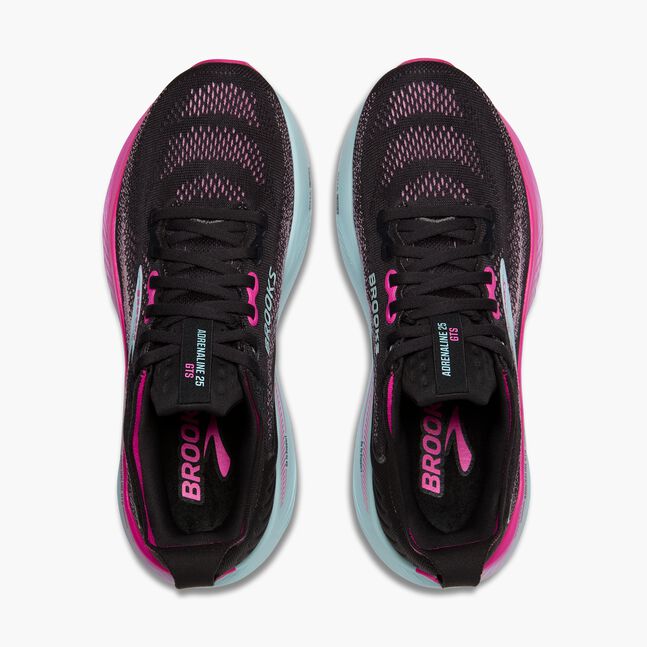 Brooks Adrenaline GTS 25 women's running shoes in black with cyber pink and iced aqua accents