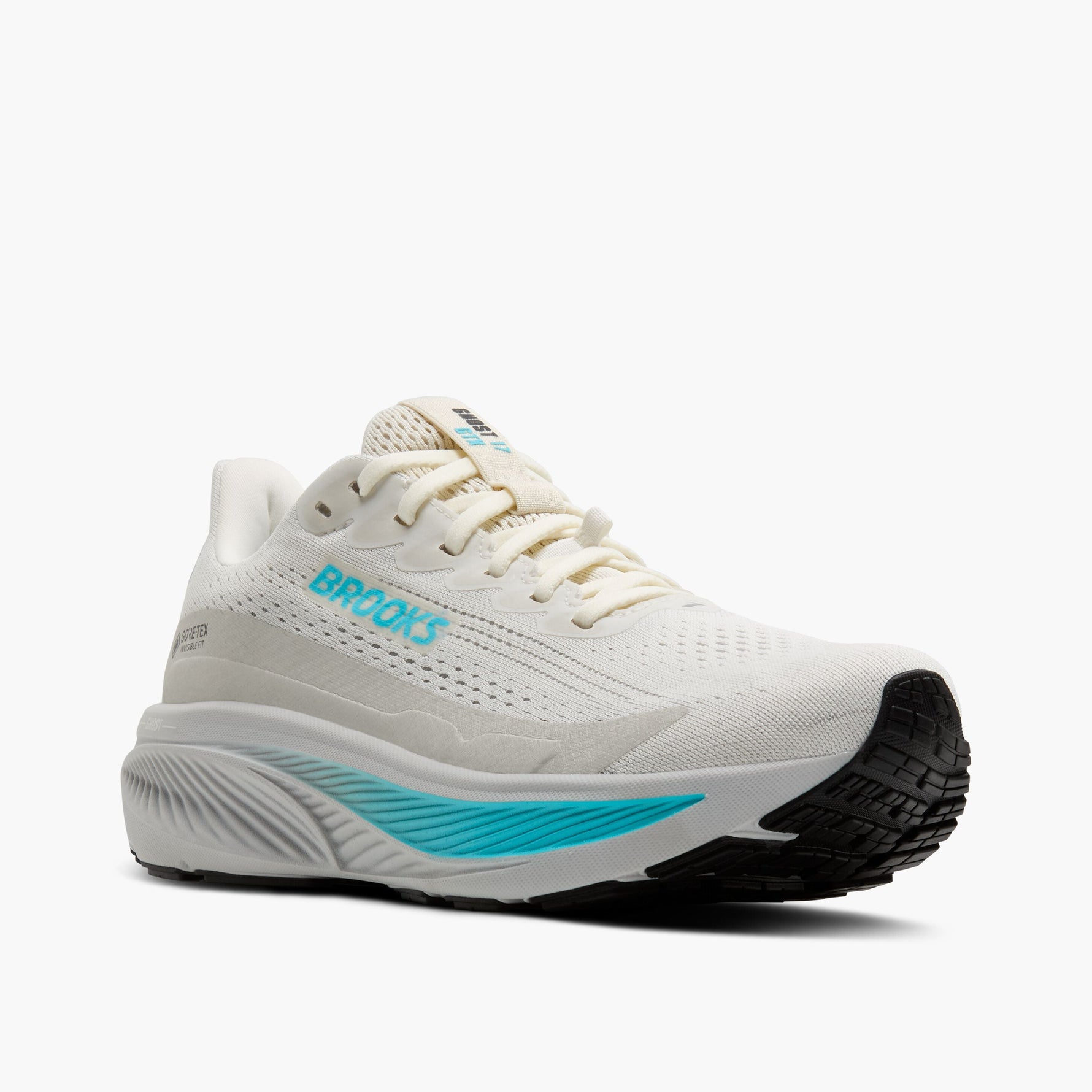 Brooks Ghost 17 GTX women's running shoe in white with turquoise accents