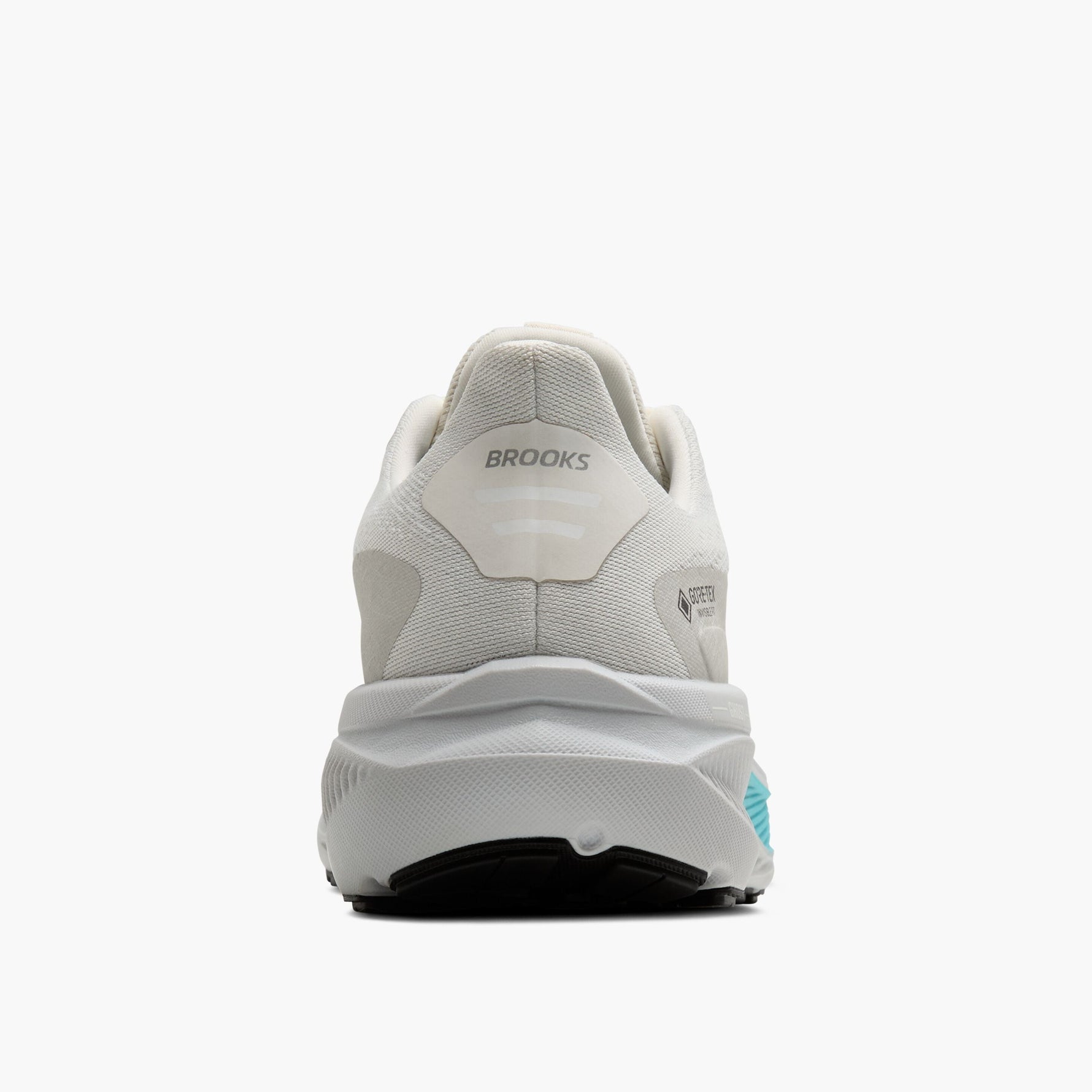Brooks Ghost 17 GTX women's running shoe heel view in coconut and blue colorway