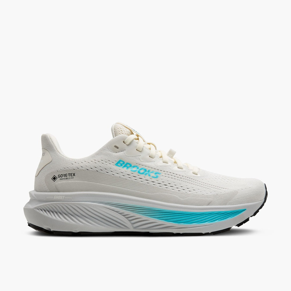 Brooks Ghost 17 GTX women's running shoe in coconut white with blue accents