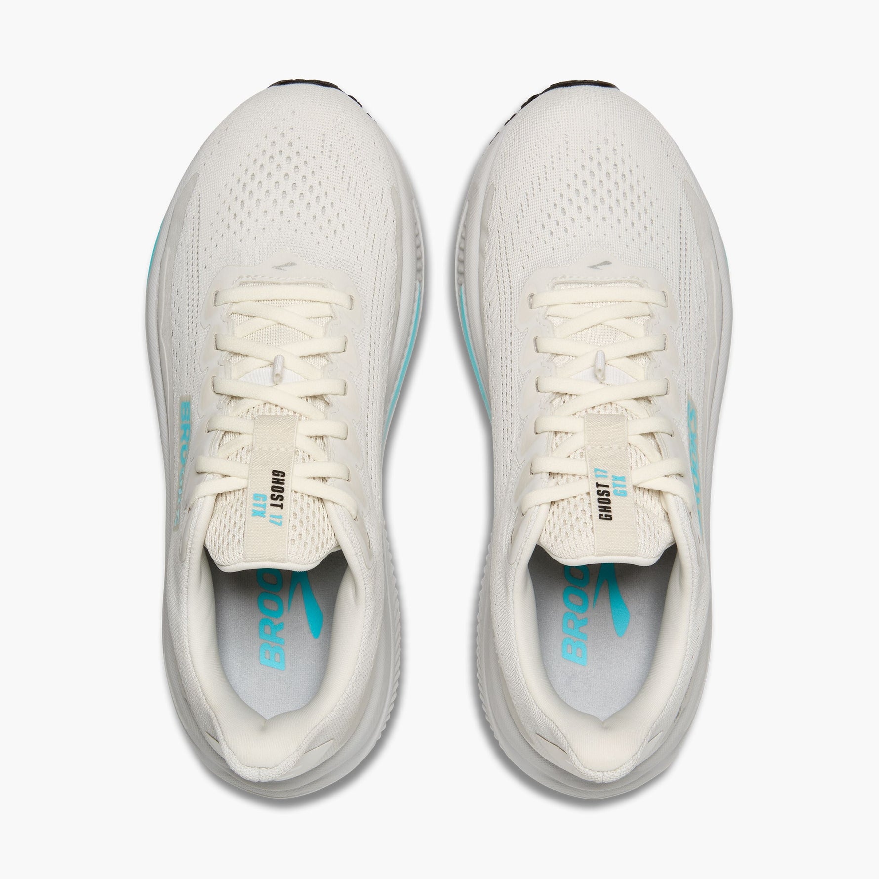 Brooks Ghost 17 GTX women's running shoes in coconut/oyster/blue colorway, top view