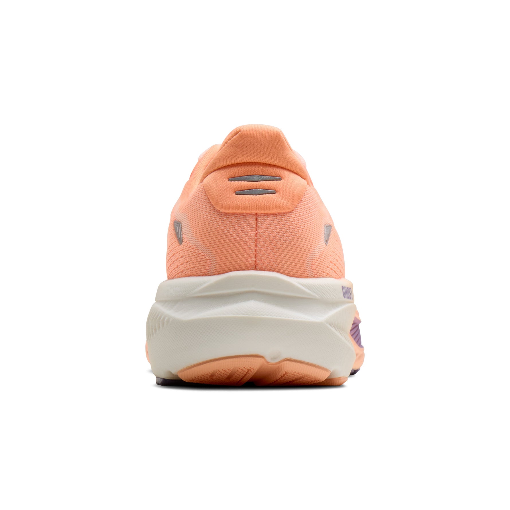 Brooks Ghost 18 running shoe rear view in peach orange colorway with white midsole
