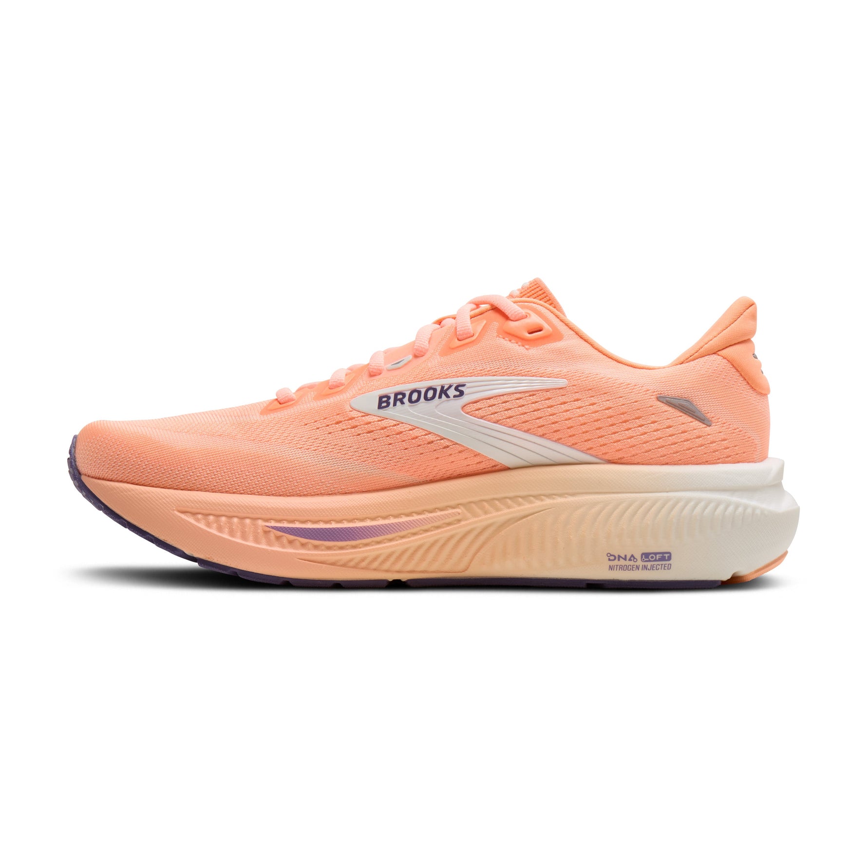 Brooks Ghost 18 women's running shoe in peach coral with purple and cream details