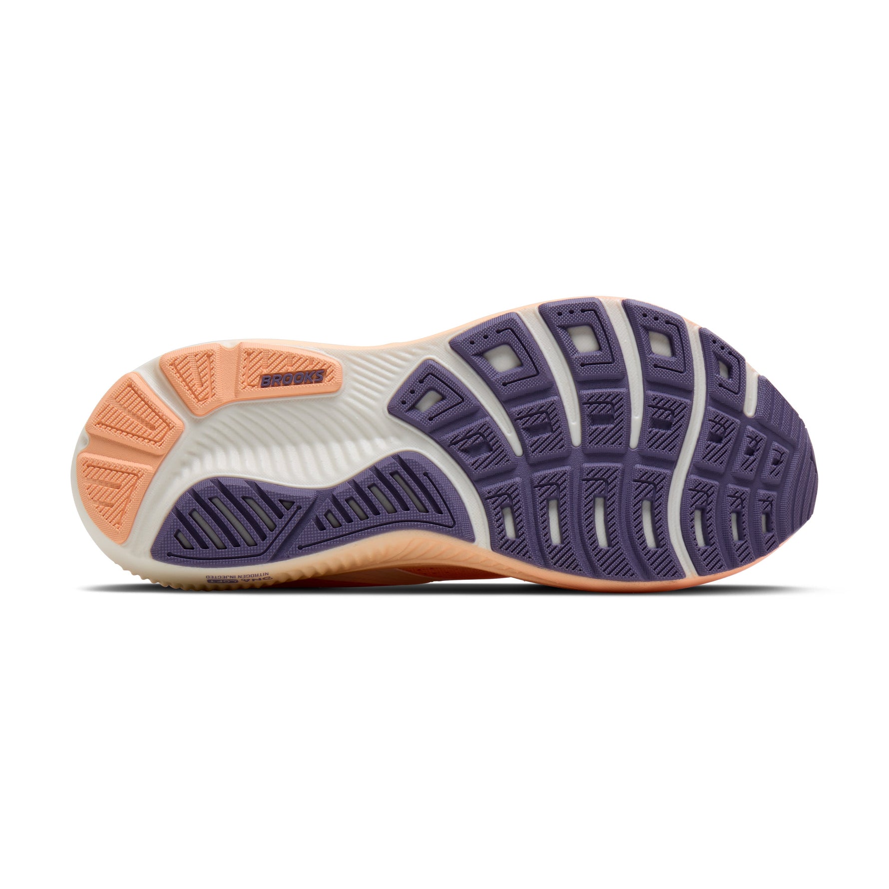 Brooks Ghost 18 running shoe in peach and grape colorway with coconut accents