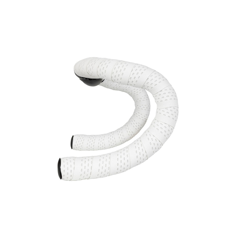 White perforated bicycle handlebar tape with black end caps on clean background