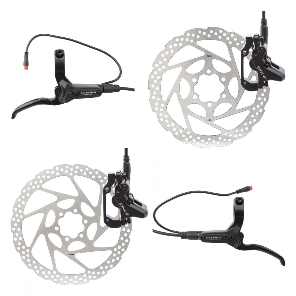 Clarks hydraulic disc brake set with black levers and silver rotors