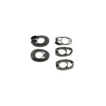 Black Specialized bicycle headset spacers and top cover components arranged on white background