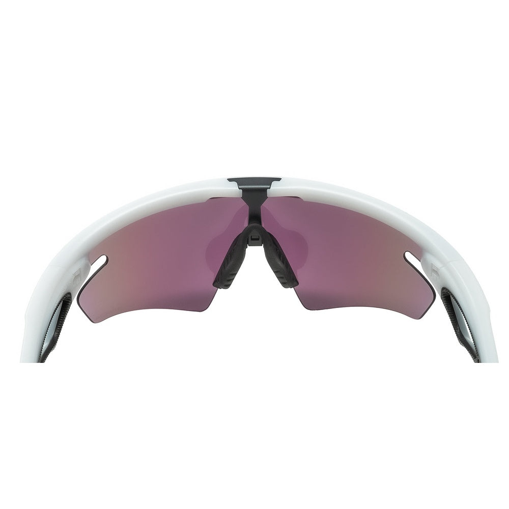 Oakley sport sunglasses with white frame and purple gradient lens on clean background