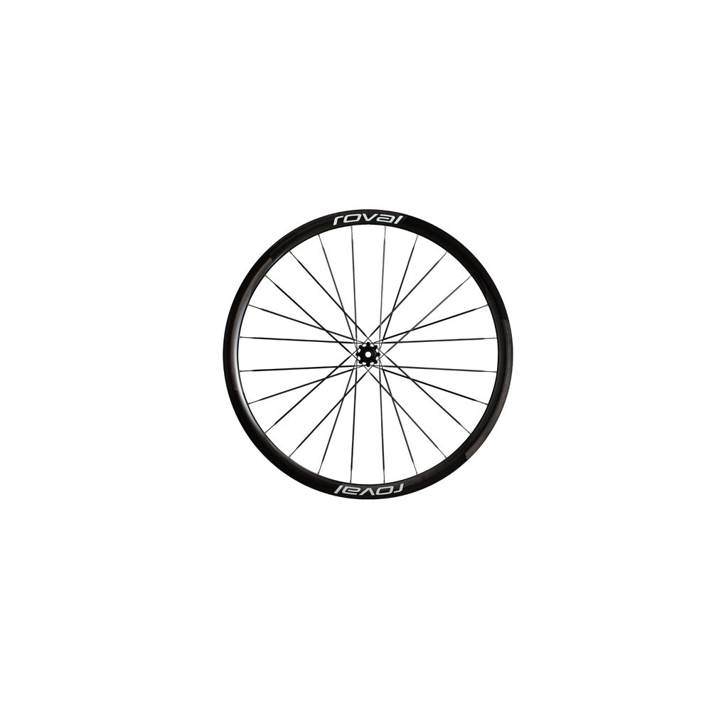 Roval bicycle wheel with black carbon rim and spokes on white background