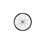 Roval bicycle wheel with black carbon rim and spokes on white background