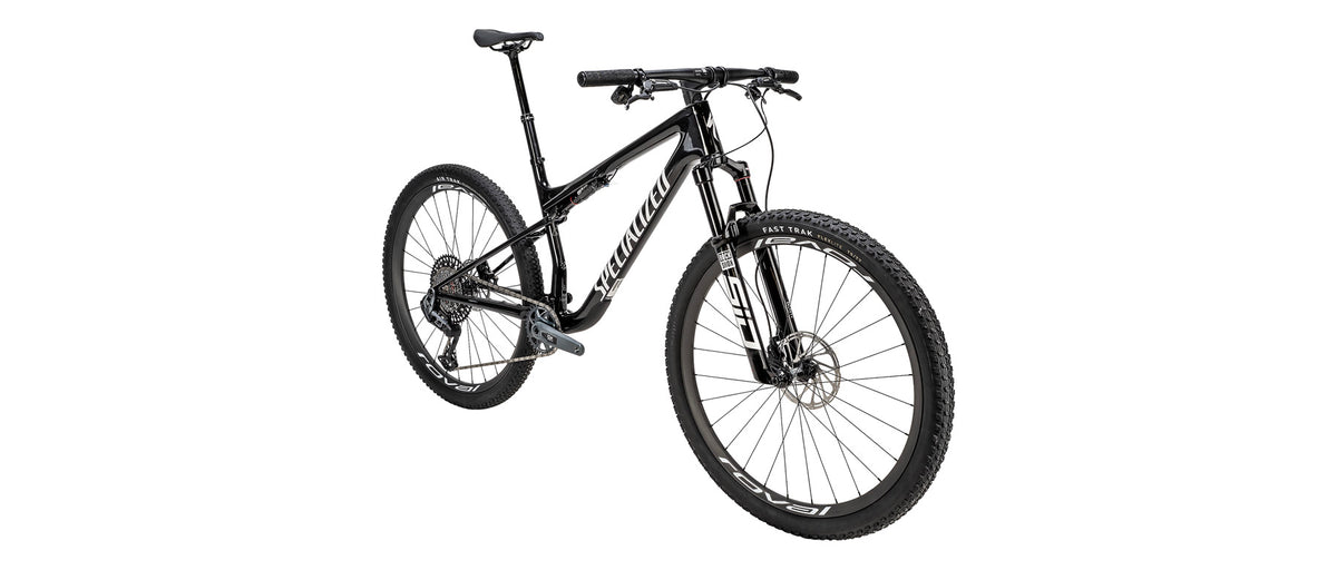Specialized Epic 9 Expert mountain bike in gloss carbon black with white graphics on white background