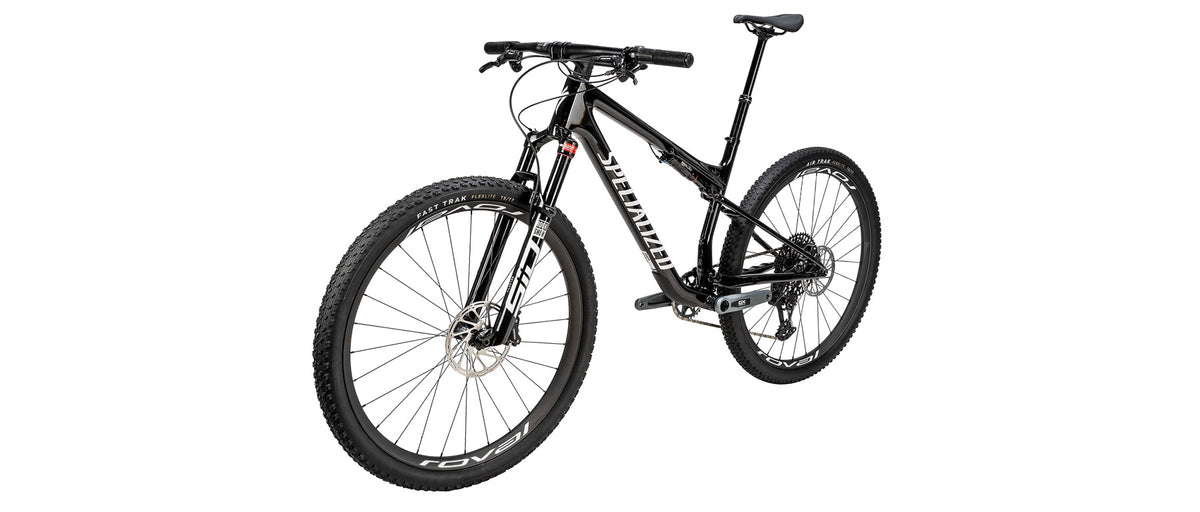 Specialized Epic 9 Expert mountain bike in gloss black and white finish, side view