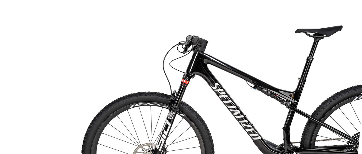 Specialized Epic 9 Expert mountain bike in gloss carbon black with white graphics on white background