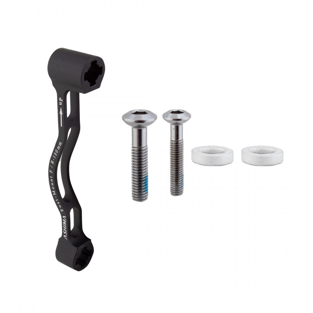 Origin8 black disc brake adapter with mounting hardware on white background