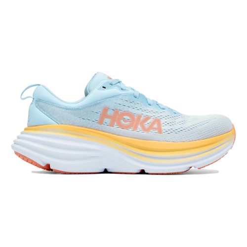 Hoka Bondi 8 women's running shoe in light blue with coral and yellow details