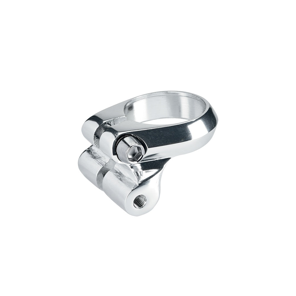 Silver chrome Electra seatpost clamp with quick release lever and threaded hole