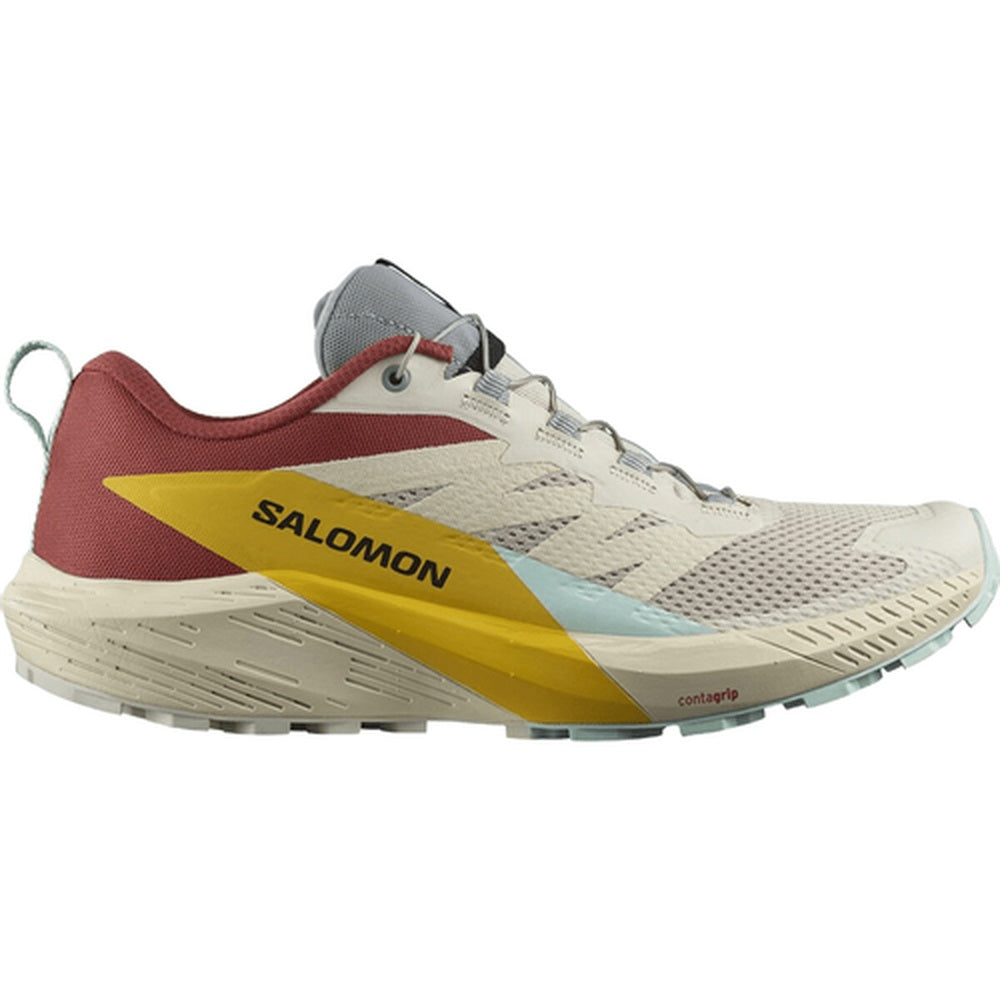 Salomon Sense Ride 5 men's trail running shoe in beige with red and yellow accents