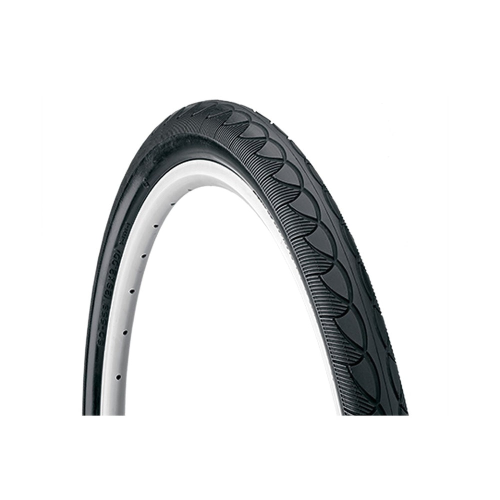 Black bicycle tire with white rim showing tread pattern against white background