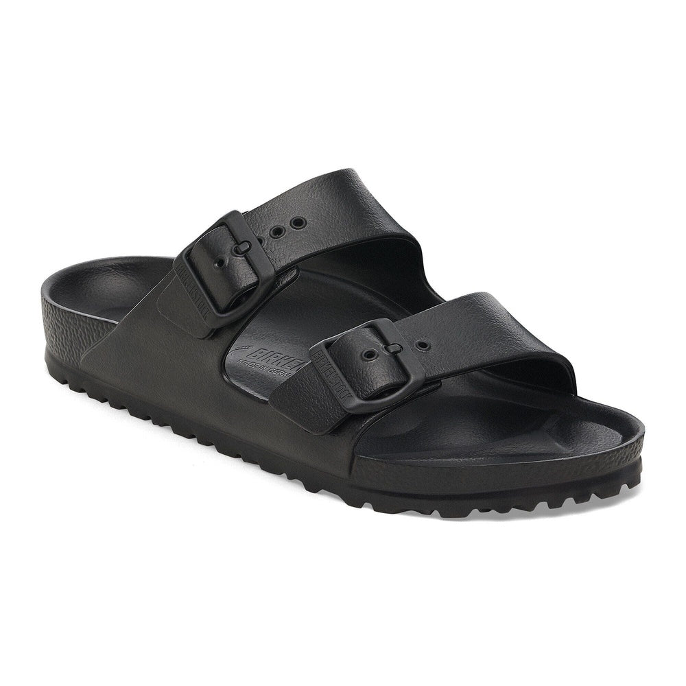 Black Birkenstock Arizona EVA sandals with two adjustable buckle straps