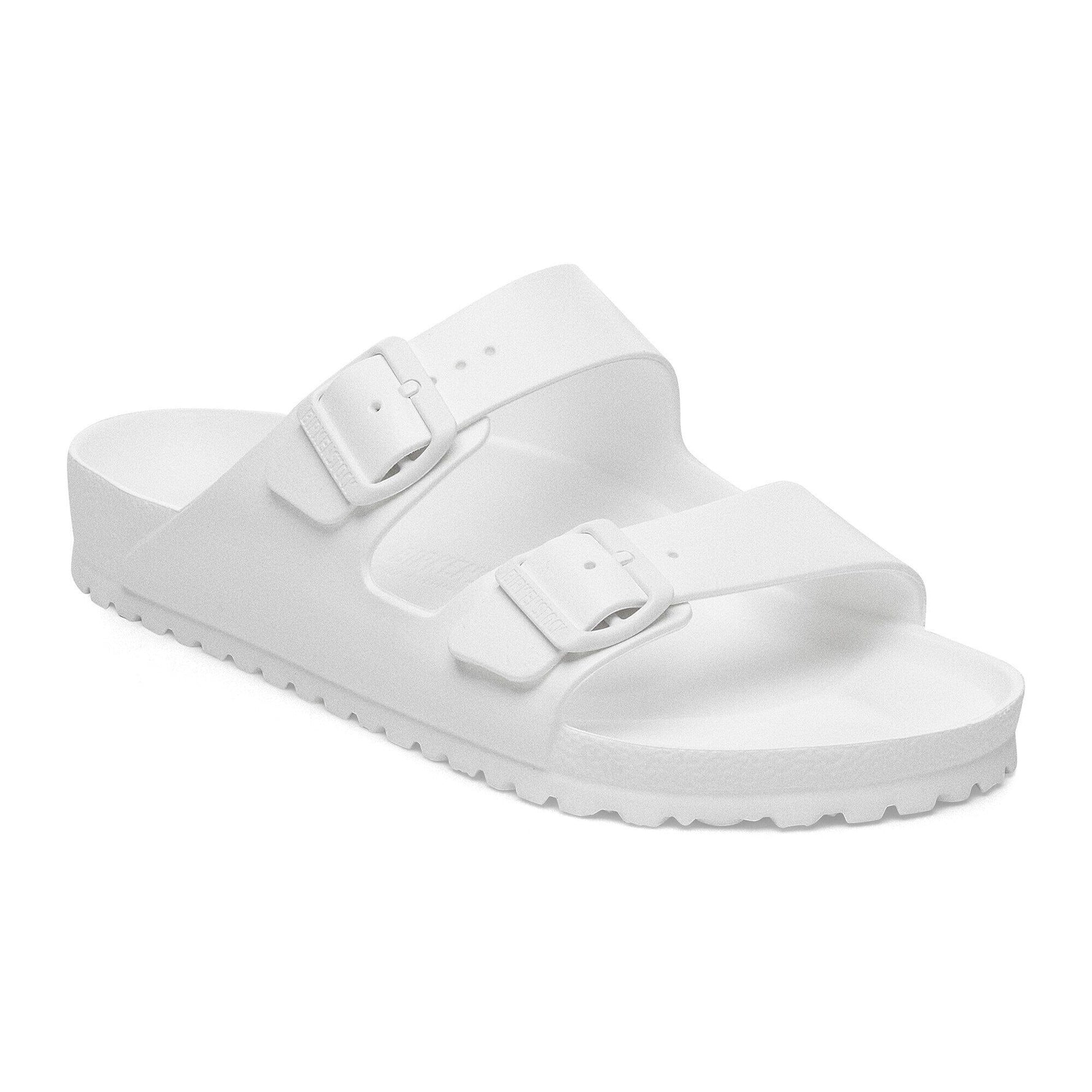 White Birkenstock Arizona Essentials EVA sandals with dual buckle straps