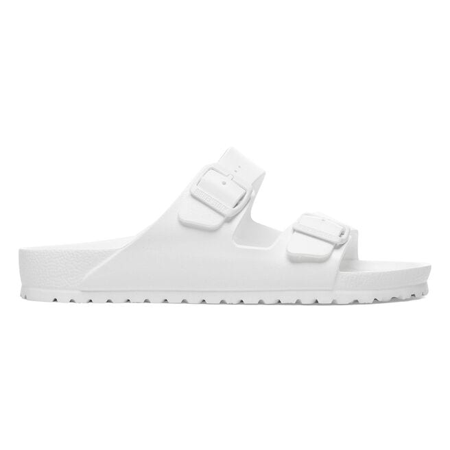White Birkenstock Arizona EVA sandals with two adjustable straps and contoured footbed