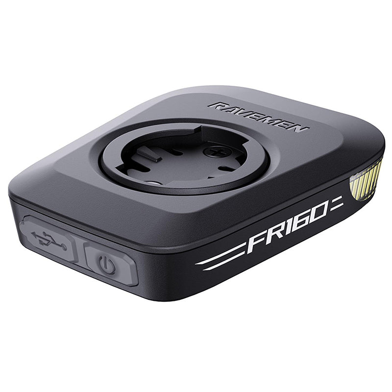 Ravemen FR160 black bike headlight with professional studio lighting against white background